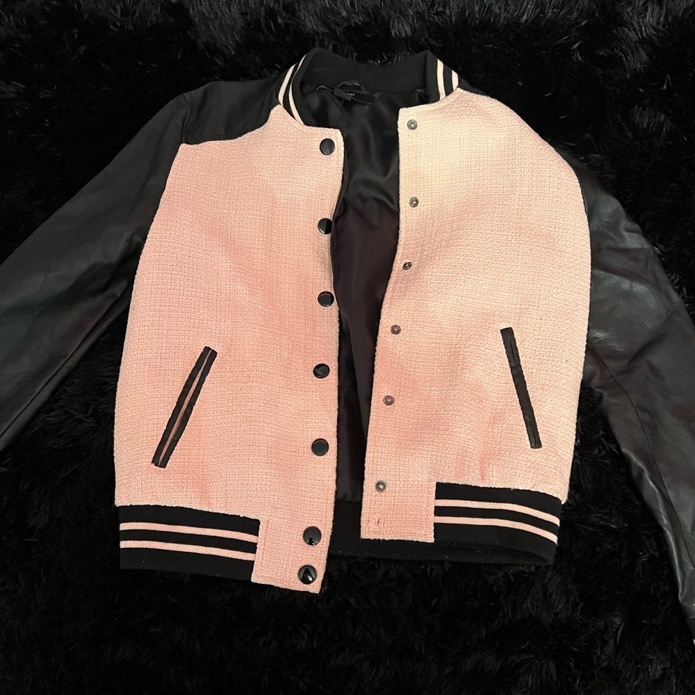 Black with detailed baby pink front leather jacket